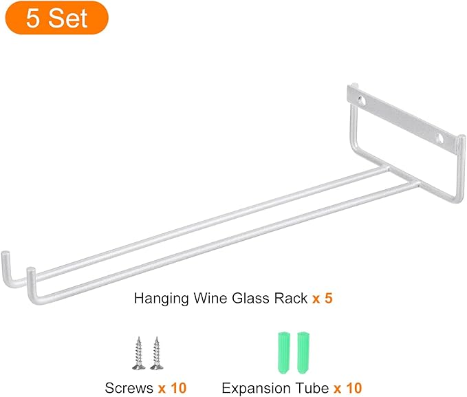 uxcell 5Pcs Wine Glass Rack, 11.22 Inch Iron Wine Glasses Rack Under Cabinet Stemware Rack - Wall Mountable Wine Glass Holder Storage Hanger for Bars Coffee Restaurants Kitchens, Silver