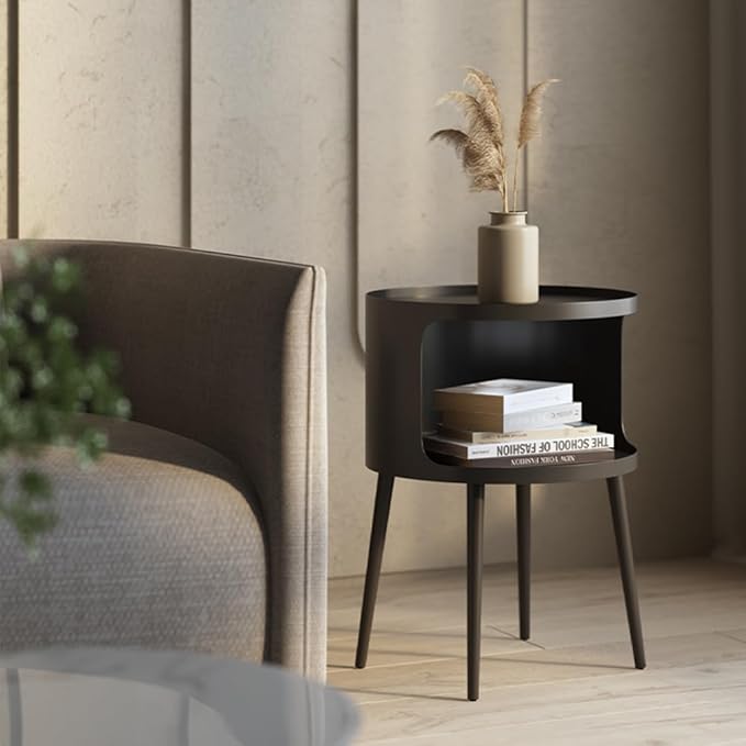 Modern Side Table,Round end Table with Open Storage,Metal nightstand,Bedside Table for Living Room,Bedroom