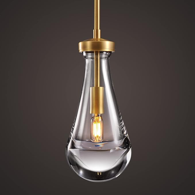 Modern Raindrop Pendant Lights, Pendant Lights for Kitchen Island, Brass Rod Dining Room Light Fixture， Clear Solid Raindrop Chandelier, Chandelier for Living Room Hallway, Including Bulb