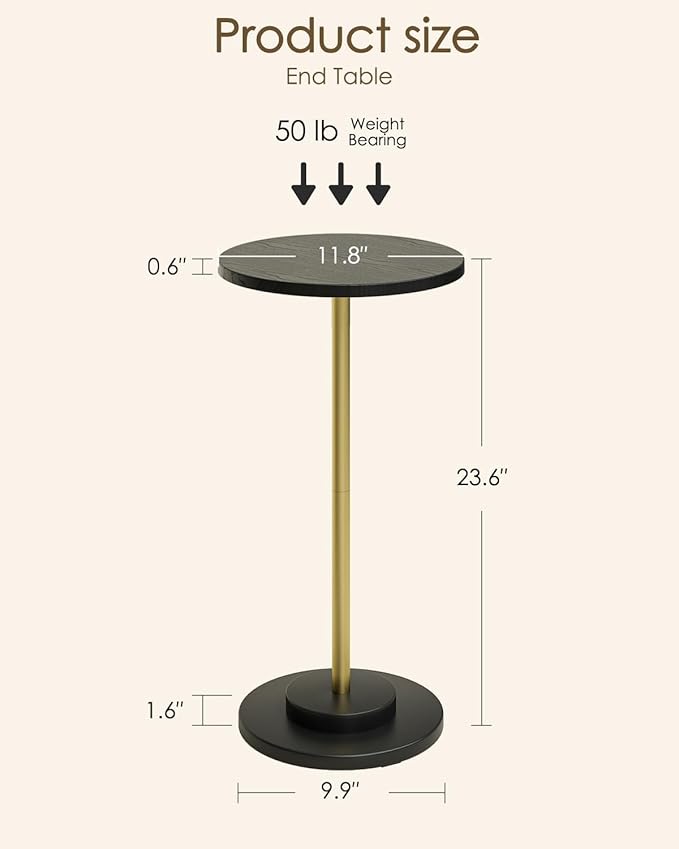 Masupu Drink Table, Round Side Table for Small Spaces, Pedestal Side Table, Small End Table with Metal Base, for Living Room, Bedroom, Bathroom, Black Gold
