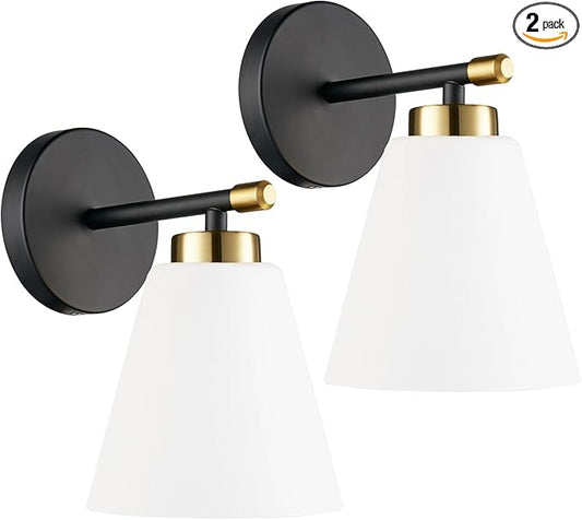 Hamilyeah Black and Gold Wall Sconces Set of 2, Modern Industrial Bathroom Sconces Wall Lighting with Milk Glass Shade, Wall Sconce Lighting Fixture for Living Room, Kitchen, Fireplace, Hallway