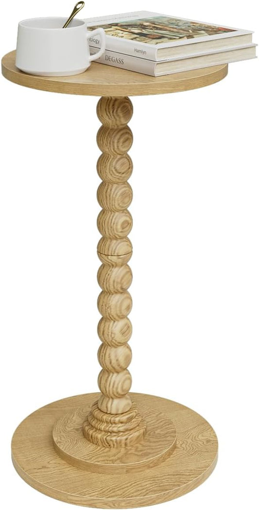 Masupu Round Side Table, Small End Table for Small Spaces, Pedestal Drink Table with Solid Wood Leg for Living Room, Bedroom, Corners(Natural)