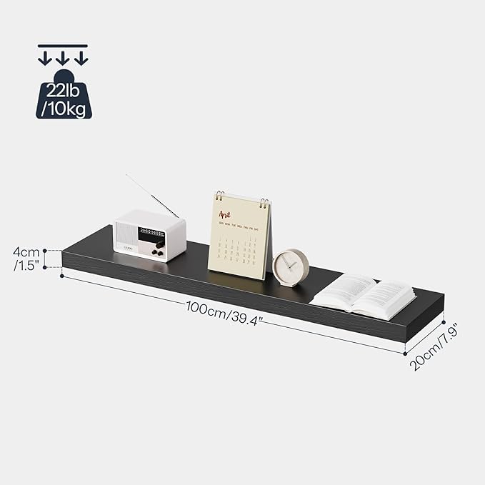 HOOBRO Floating Shelves for Wall, Wall Mounted Shelf Set of 2, 39.4" Hanging Shelf with Invisible Brackets, for Wall in Bathroom, Bedroom, Toilet, Kitchen, Livingroom, Office, Black BK100BJP201