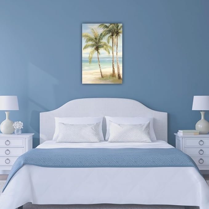 LURENCZH Tropical Beach Canvas Wall Art Seaside Palm Tree Picture Wall Decor Ocean Scenery Painting Prints for Bathroom Decor Framed(Beach-3,16.00" x 24.00")