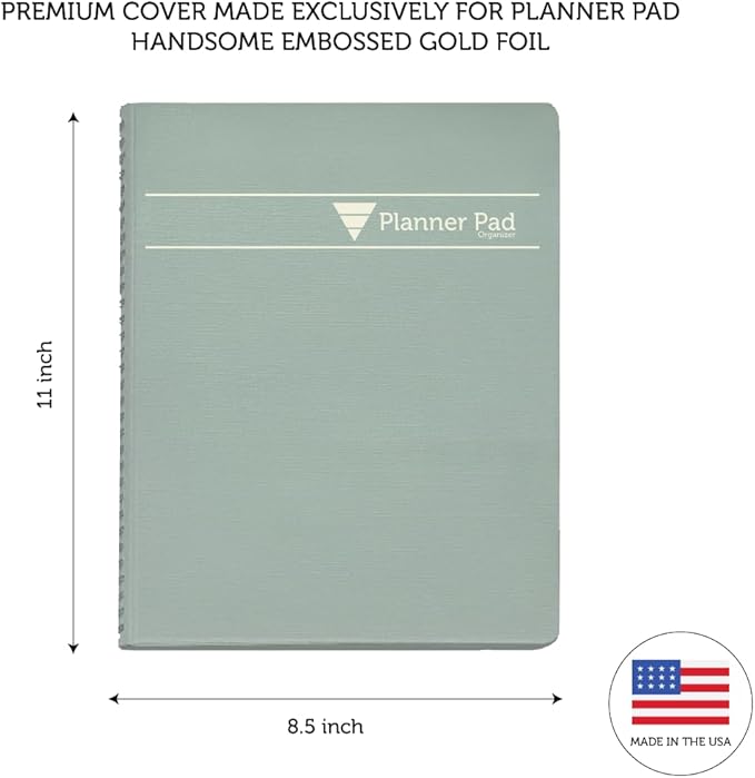 Planner Pad Spiral Bound January-December 2026/ Calender Year 8 1/2" x 11" Large 3-Tier Funnel Down 12 Month Organizer, Greenish Grey Cover/Soft Green Ink