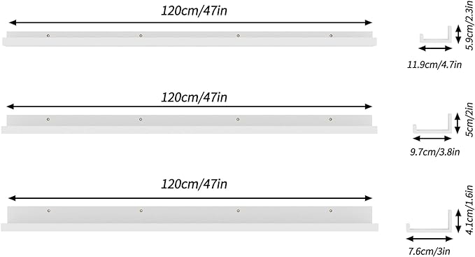 Giftgarden 47 Inch White Floating Shelves for Wall Mount, Modern Long Wood Wall Shelf Ledge for Bathroom Bedroom Living Room Kitchen Nursery Storage, Set of 3 Different Sizes