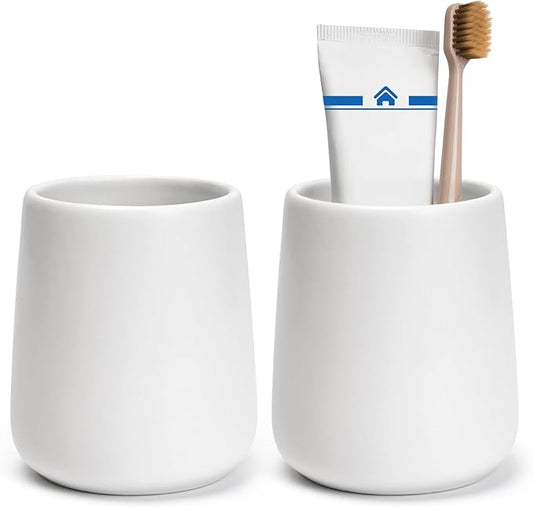 Bathroom Tumbler Cup Ceramic 2Pcs 13.5oz Reusable Toothbrush Cup 400ml, Toothbrush Holder Adequate for Your Bathroom (White)