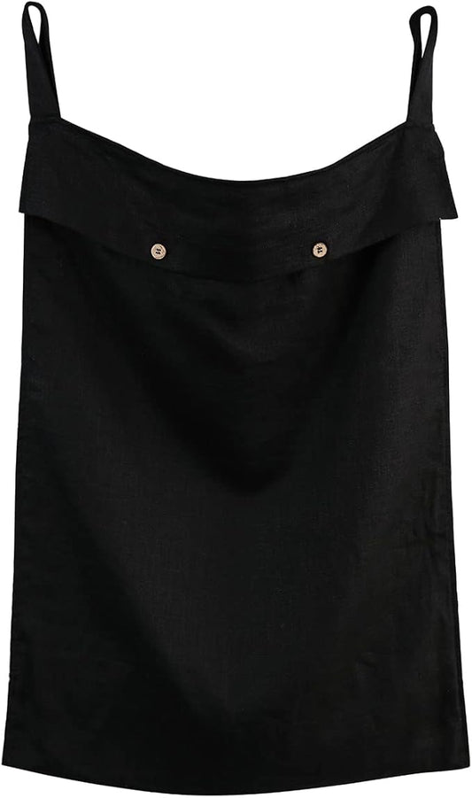Linen Hanging Laundry Bag, 100% Linen Over The Door Laundry Hamper with Buttons and Zipper, Space Saving Door Hampers for Laundry Dirty Clothes Home Travel, Black