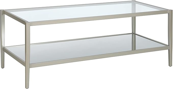 Henn&Hart 45" Wide Rectangular Coffee Table with Mirror Shelf in Satin Nickel, Coffee Table coffee tables for living room, studio apartment essentials
