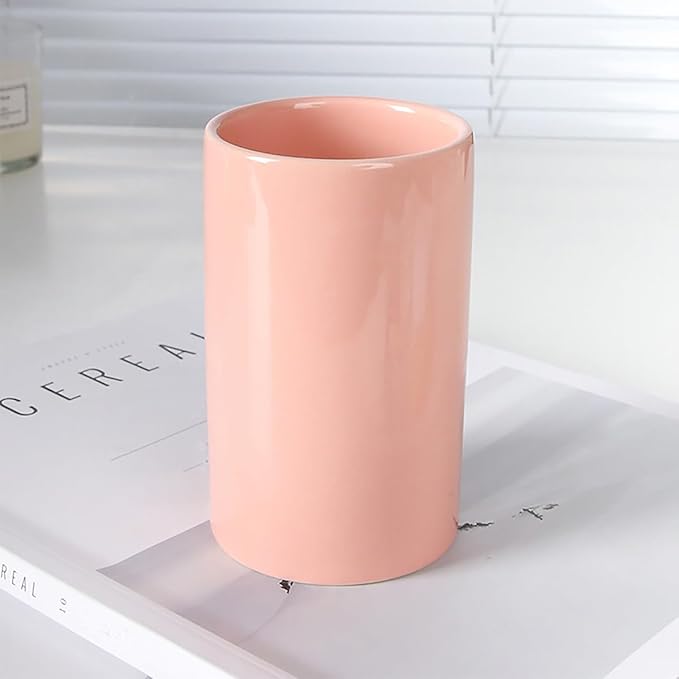 Pink Ceramic Toothbrush Holder, Tumbler Cups Reusable Toothbrush Mouthwash Cup,Makeup Brush Holder, Bathroom Counter Organizer(300ml)