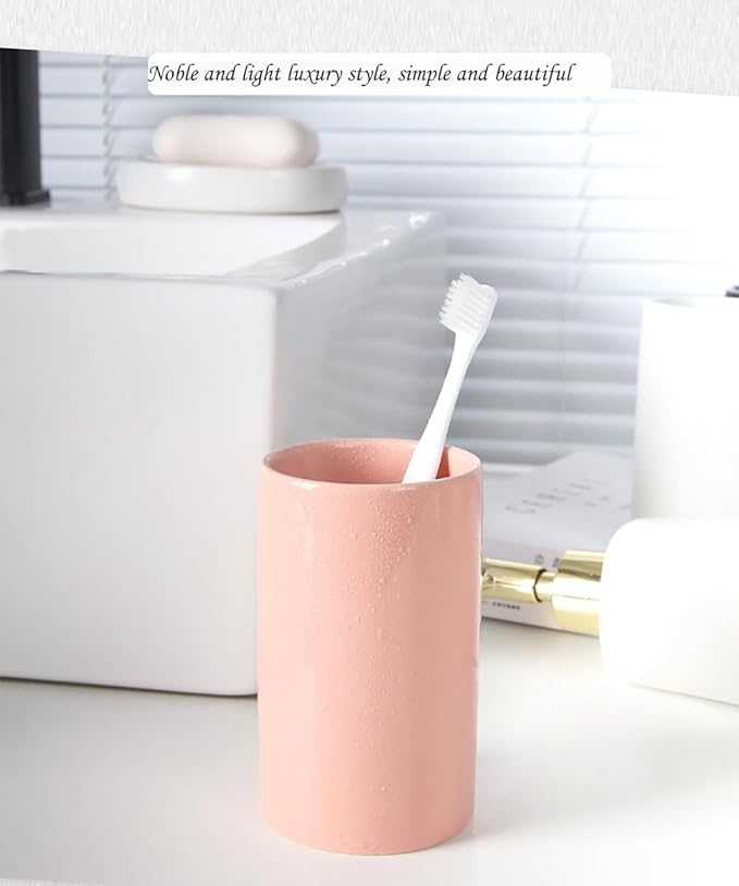 Pink Ceramic Toothbrush Holder, Tumbler Cups Reusable Toothbrush Mouthwash Cup,Makeup Brush Holder, Bathroom Counter Organizer(300ml)