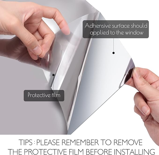 HIDBEA One Way Window Privacy Film Daytime, Heat Control UV Blocking Reflective Mirror Window Tint for Home, Non-Adhesive Self Static Cling Window Stickers (Silver, 17.5 Inch x 6.5 Feet)