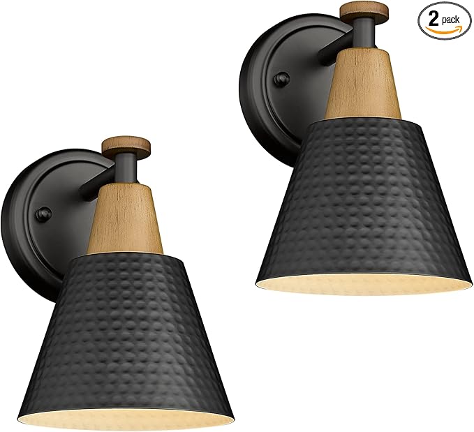 FEMILA Wall Sconces Set of 2, 1-Light Matte Black Bathroom Light Fixtures, Modern Single Vanity Light Wall Lamp with Hammered Metal Shade, 4FG59B-2 BK