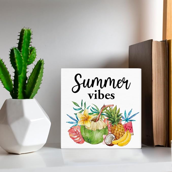 Oqtumes Summer Vibes Decorations Fruit Wooden Sign Rustic Home Decor 5 x 5 Inches