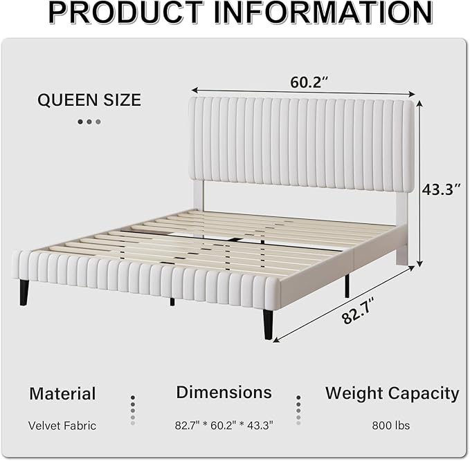 Queen Size Bed Frame with Headboard, Velvet Upholstered Platform Bed with Vertical Channel Tufted Design, No Box Spring Required, Easy Assembly, White