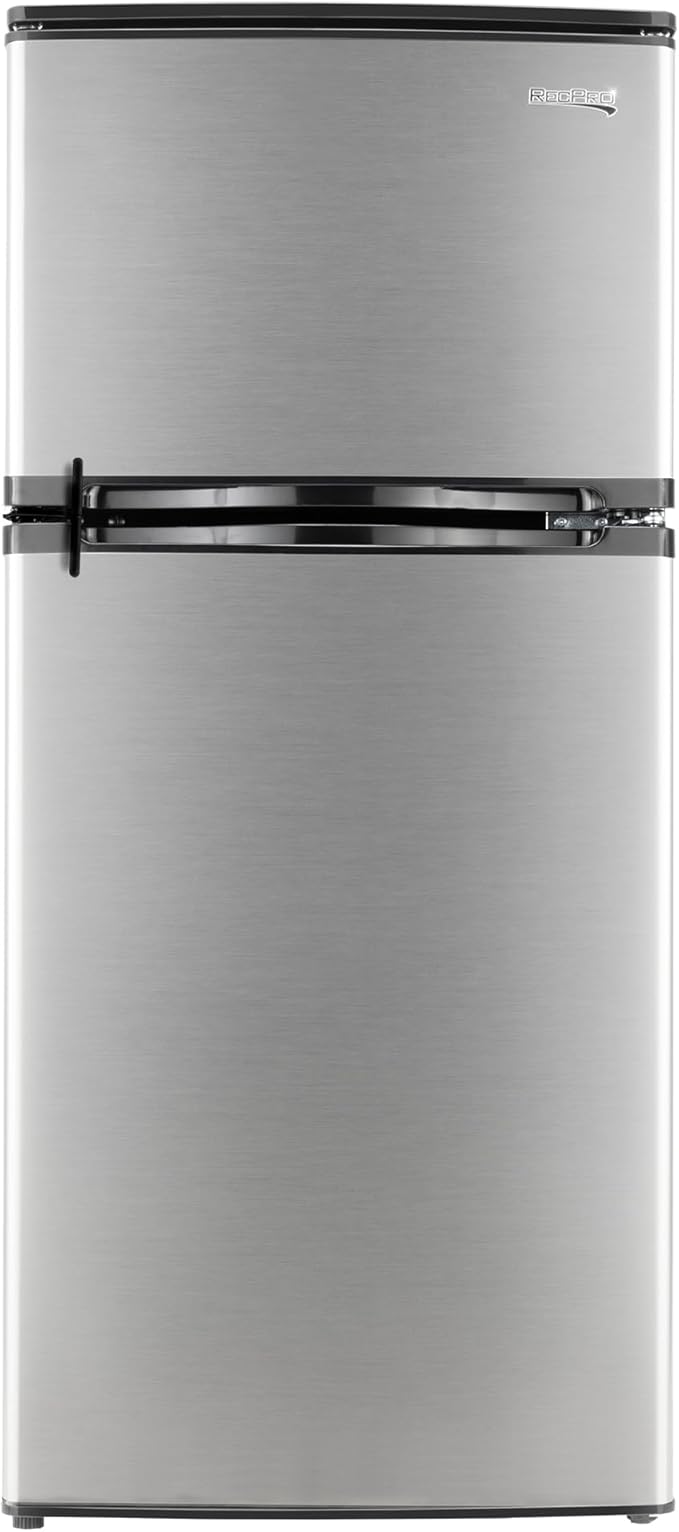 RecPro 4.4 Cu Ft RV Refrigerator | 12V Stainless Steel Fridge with Freezer | Frost-Free, Adjustable Shelves, Built-In Lock, Reversible Door | Off-Grid Ready Camper Fridge with Can Holder