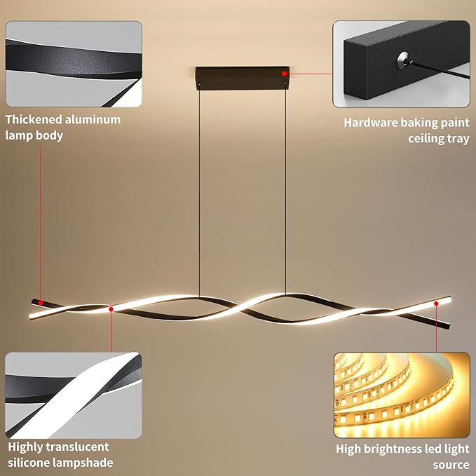 Modern Ceiling Chandelier Light, Acrylic Anti Flicker Pendant Lamp with Remote Control Dimmable 3 Color Mode & Brightness (Warm Cool Neutral Light) for Kitchen Bar Walnut 57in