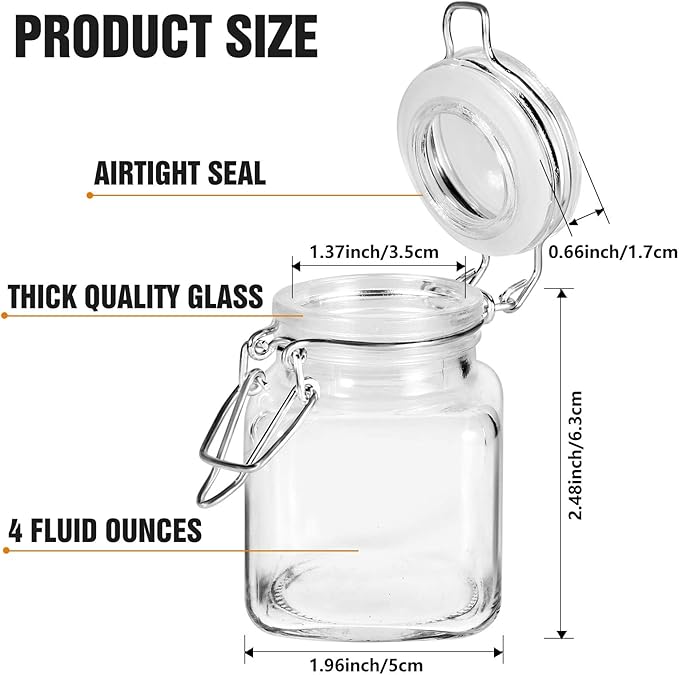 Spice Jars, 12 Pack 4oz Small Glass Jars with Airtight Hinged Lid, With 12 Spice Labels & Silicone Funnels, Airtight Glass Jars for Spices, Art Craft Storage (12 Pack)