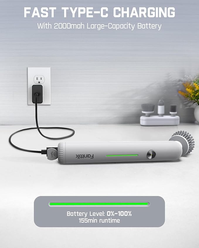 Fanttik G9 Nano Electric Spin Scrubber, Cordless Power Grout Brush, Type-C Fast Charging with LED Power Display, IPX7 Waterproof, 8 Replaceable Heads for Cleaning Grout, Corners, Crevices - White