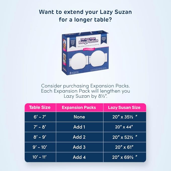 Full Set - White - The First Patented Lazy Susan Turntable Expandable for Rectangular & Oblong Tables - Kitchen & Dining Tables - Great Gift! Parties & Gatherings.