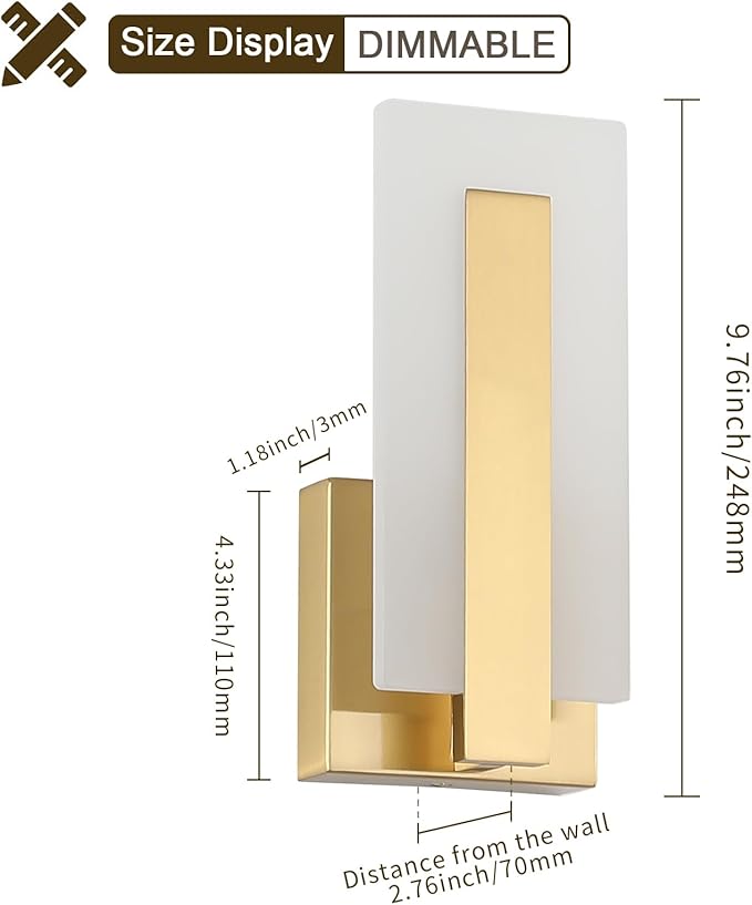 Joosenhouse Modern LED Wall Sconce Set of 2, Dimmable Hardwired Bathroom Vanity Light Indoor Wall Sconce for Hallway, Bedroom, Study, Living Room, 9.76 Inch Brass Wall Lights