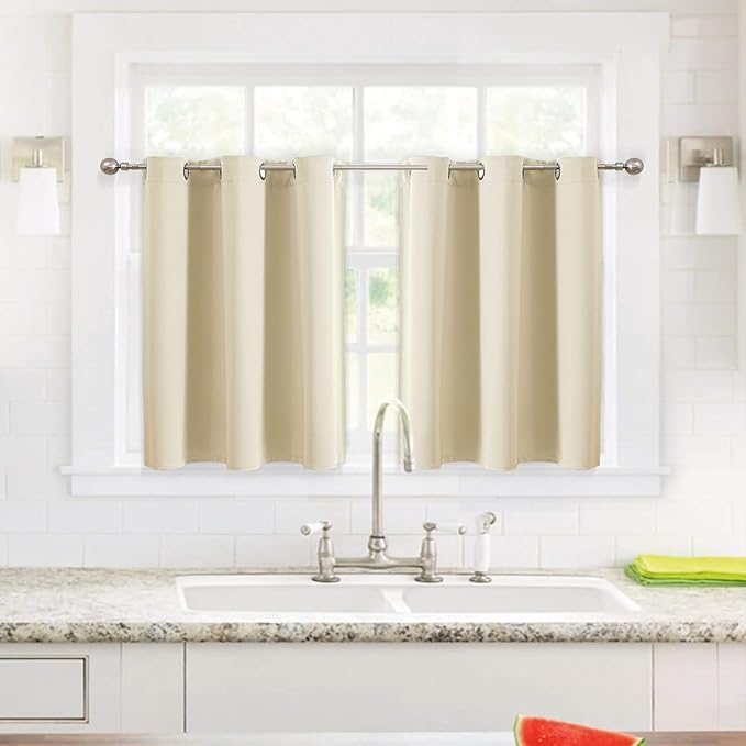ChrisDowa Small Window Curtains for Kitchen and Bedroom - Grommet Short Thermal Insulated Room Darkening Curtains (2 Panels, Beige, 42 x 36 Inch)