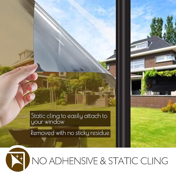 HIDBEA Window Privacy Film Daytime, Heat Control Sun Blocking Anti UV Non-Adhesive Self Static Cling One Way Mirror Window Tint for Home (Brown-Silver, 35.4 Inch x 8.2 Feet)