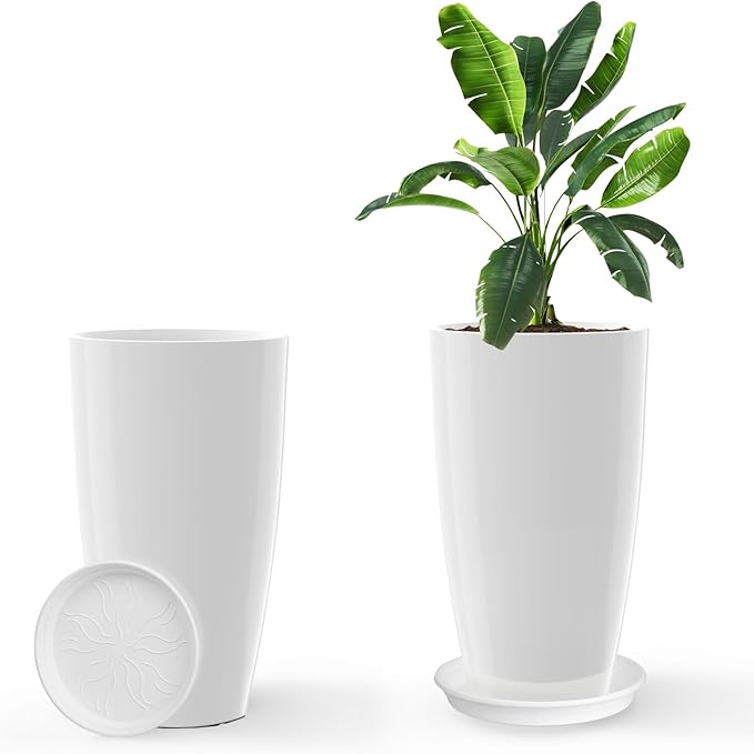Tall Flower Pot Indoor - Outdoor Plant Pot - White Glossy Planter - Elegant Ceramics Imitation - 12" Diameter 21" Tall with Drainage Holes and Saucer