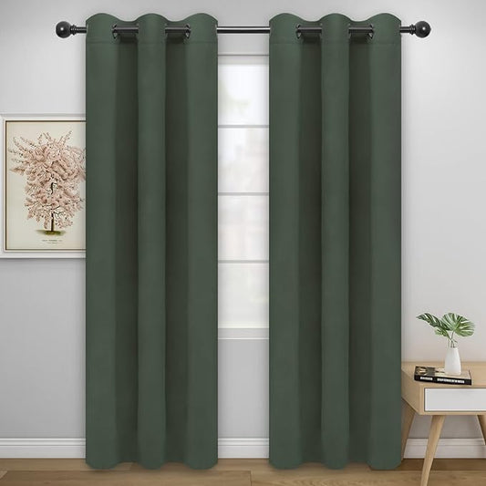 Easy-Going Blackout Curtains for Bedroom, Solid Thermal Insulated Grommet and Noise Reduction Window Drapes, Room Darkening Curtains for Living Room, 2 Panels (42x95 in, Greyish Green)
