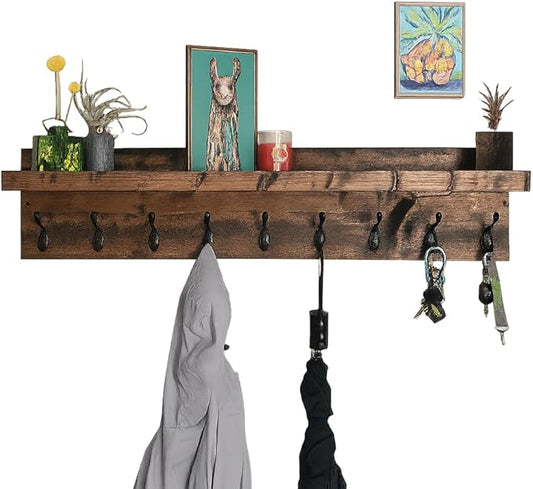 Coat Rack with Shelf Wall Mounted with Storage (Choose Your Length) Towel Rack Entryway Organizer Key Hooks (60" L (10 Hooks))