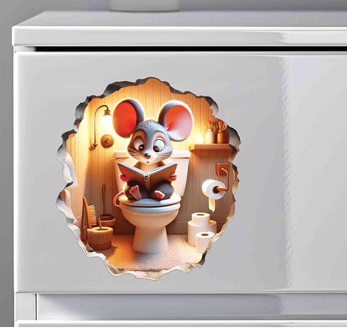 3D Mouse Sitting on Toilet - Mousehole Wall Sticker Decal - Removable Bathroom Decor - Kids Room - Peel & Stick - Whimsical Home Decor - MICESTERPIECE