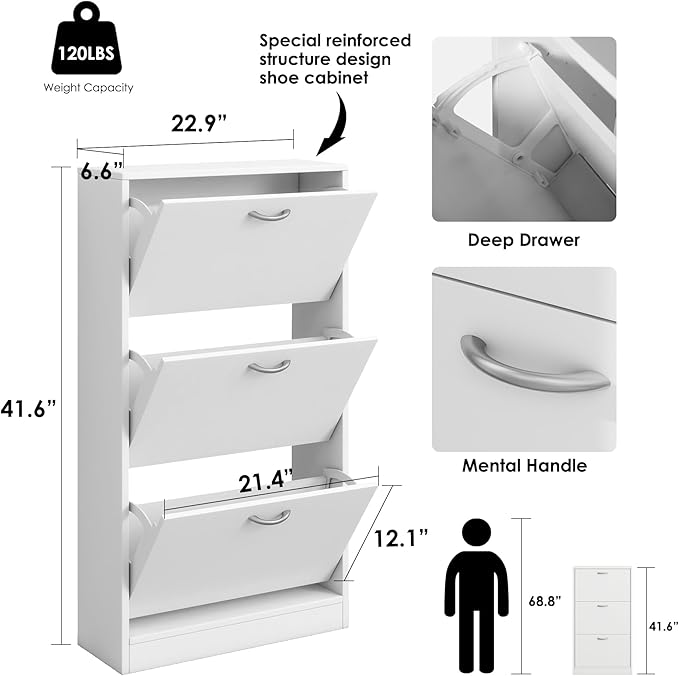 Shoe Storage Cabinet Set of 2 with 3 Flip Drawers, Narrow Shoe Cabinet Freestanding Slim Shoe Storage Organizer for Entryway, Hallway, Entrance, Bedroom, Living Room, White