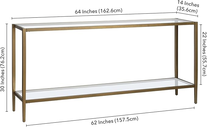 Henn&Hart 64" Wide Rectangular Console Table with Glass Shelf in Brushed Brass, Entryway Table, Accent Table for Living Room, Hallway