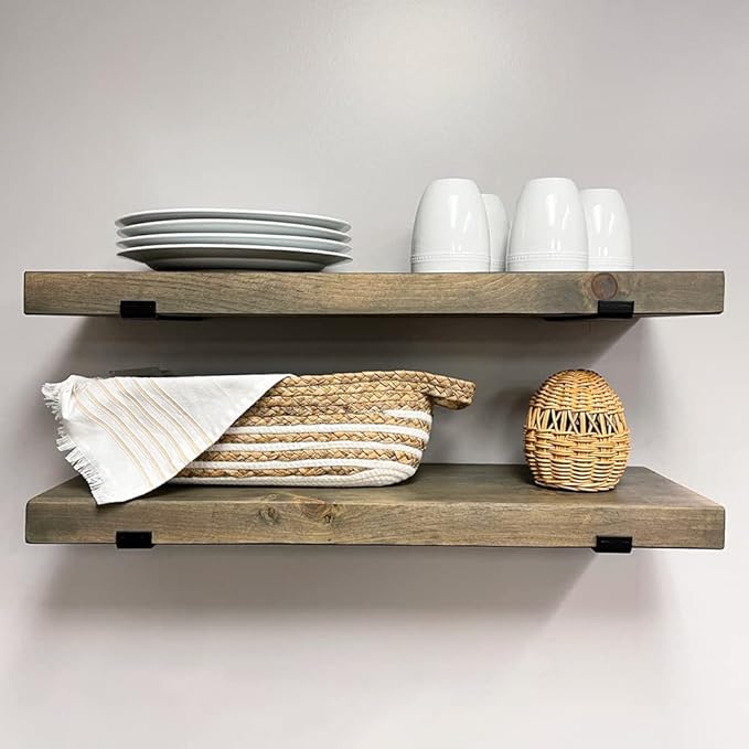 Rustic Shelves with J-Brackets Set of 2, Industrial Shelf, Kitchen Shelves, Solid Wood, Decorative Wall Storage, Heavy Duty, URBANDI (Grey, 36Wx6D)