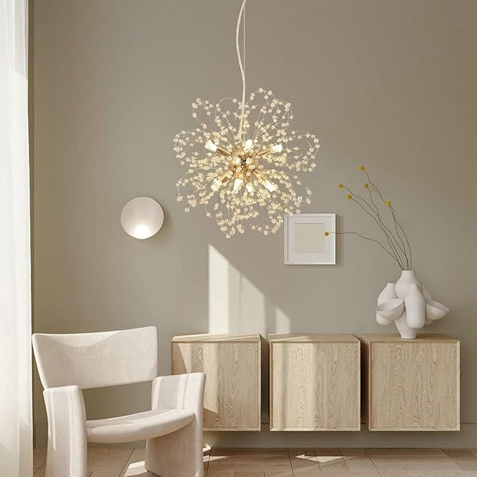 Modern Gold Chandelier Crystals, Sputnik Sunflower Beaded Hanging Lamp, Small Dandelion Pendant Light Fixtures for Kitchen Island Dining Room Bedroom Entryway (Gold 8Lights)