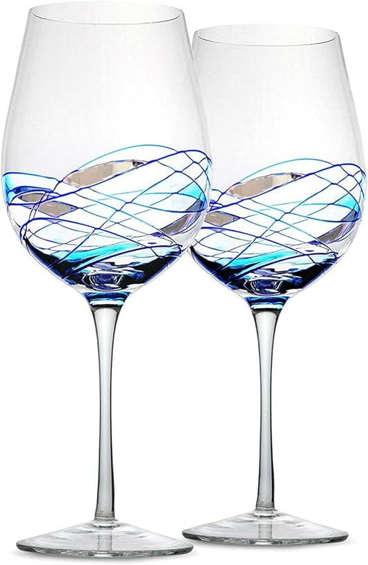 Bezrat Wine Glasses Hand Painted - Set of 2 - Women Wine Gift - Wine Lover Glass - Beautiful Glassware Gifts Ideas for Women Inspired by 'Duomo di Milano' Mothers Day - 12 oz (Blue)