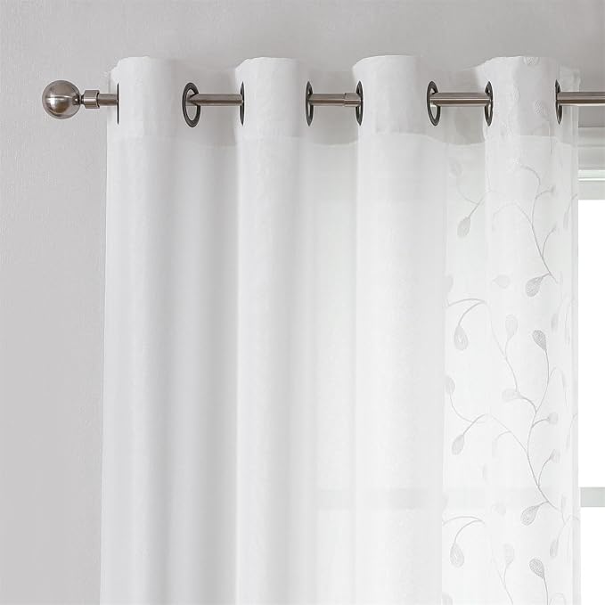 MIUCO Light Filtering Faux Linen Curtains - 63 Inch Length for Bedroom & Living Room, Pure White Floral Embroidered Solid Mix and Match, Semi Sheer Grommet Farmhouse Drapes, 2 Panels Set