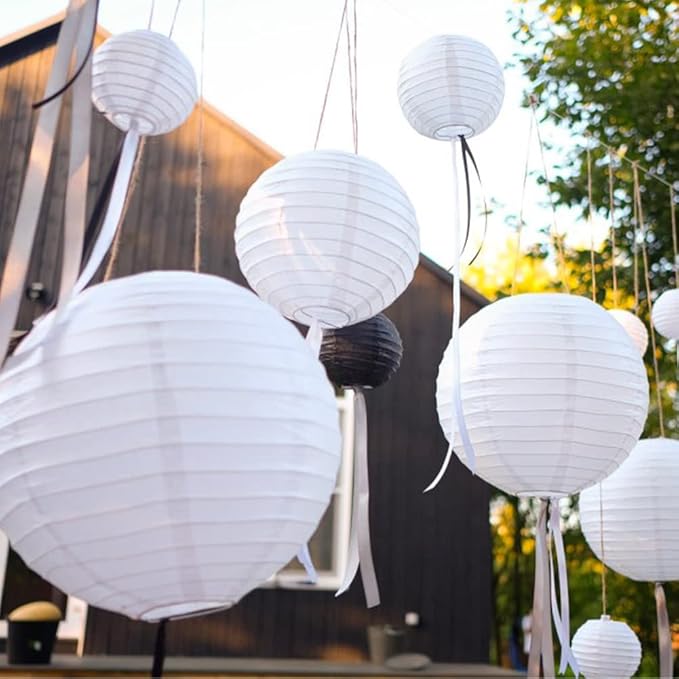 Paper Lanterns Decorative, White Hanging Round Chinese Lanterns with Lights for Wedding Anniversary Birthday Party 12 LED Light Pack of 12
