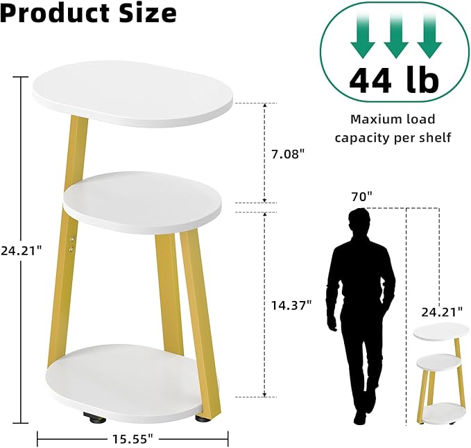 Side Table, Small End Table with Metal Frame, 3-Tier Bedside Tables, Round Side Tables for Living Room Bedroom Couch Bathroom, Oval, White