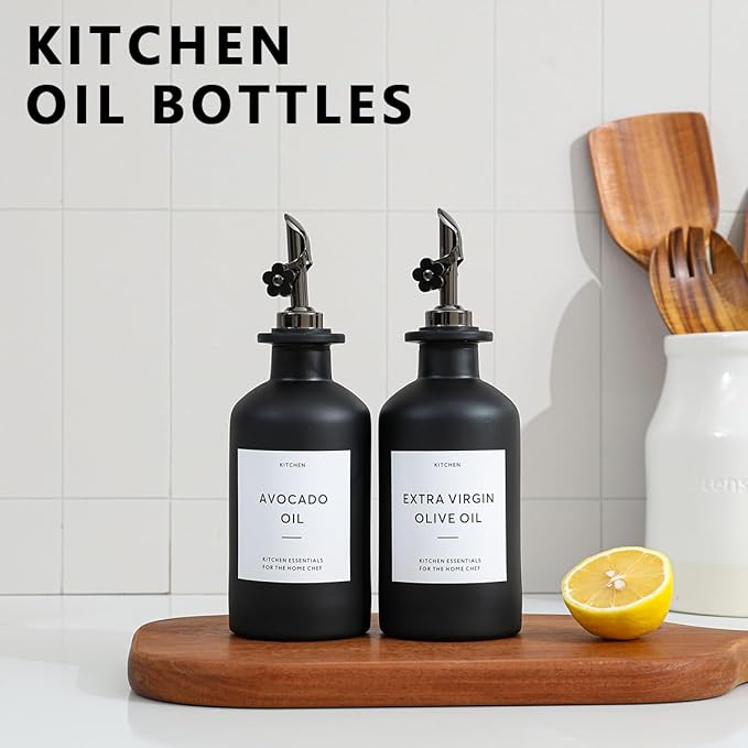 HOMCDALY Olive Oil Dispenser for Kitchen, 11.8oz Glass Kitchen Dispenser Bottle, Black Oil&Vinegar Cruet Set, Leakproof Olive Oil Bottles | Set of 2 (11.8oz – Black)