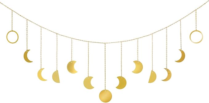 Mkono Moon Phase Wall Hanging Boho Aesthetic Room Decor Metal Moons Garland Hanging Art Bohemian Home Decoration for Girls Room Nursery Bedroom Livingroom Dorm, Ideal, Gold, 55"