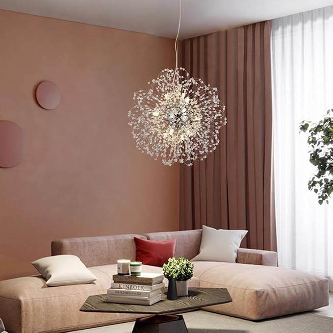 Modern Farmhouse Chandelier, Sputnik Crystal Beaded Pendant Lamp, Round Sunflower Chrome Hanging Light Fixtures for Dining Room Foyer Bedroom Kitchen Island (Chrome 12Lights)