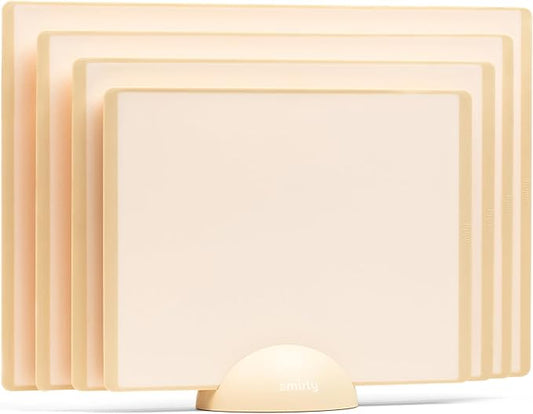SMIRLY Plastic Cutting Board Set with Holder 4 Pieces, Non-Slip Dishwasher Safe Chopping Boards for Kitchen, Cream White