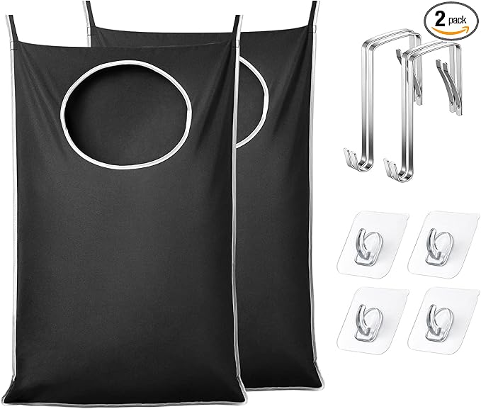 KEEPJOY 2 Pack Door Hanging Laundry Hamper, XL Hanging Bag with Large Opening and 2 Hooks for Whole Family - 36.5X22.5 inch - Black (2pack)