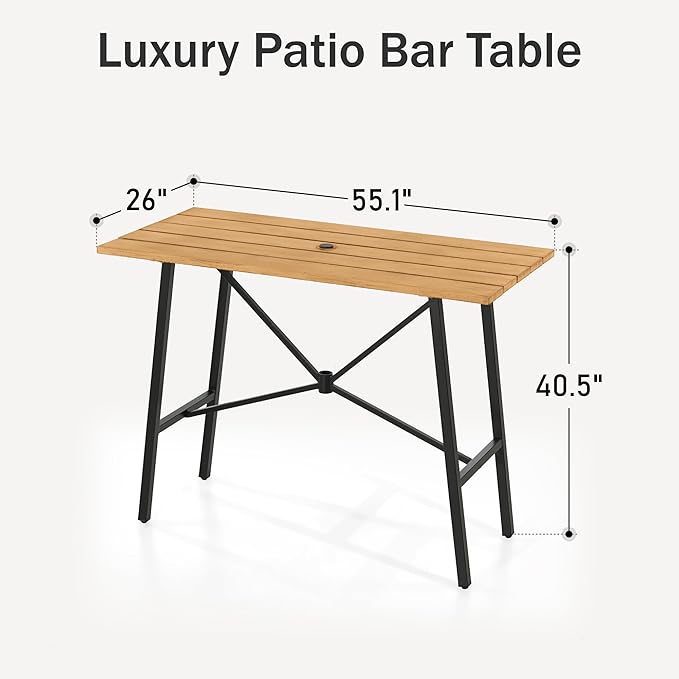 PHI VILLA Bar Height Patio Dining Table, 41" Wood Like Outdoor Bar Table, Rectangle Steel Slatted Bar Dining Table with 1.57" Umbrella Hole for Patio, Garden, Yard, Yellow