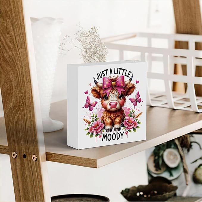 Cute Highland Cow Baby Decor, Cow With Pink Bow, Highland Cow Gifts for women, Highland Cow Decor, Highland Cow Nursery Decor, Wooden Box Decor Sign for Home Farmhouse Office Living Room Table Shelf