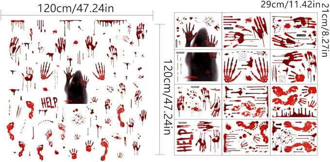 Halloween Bloody Handprint Footprint Window Stickers Wall Stickers for Halloween Party Decorations Inside Outside Decor Come with Plastic Scraper Tools