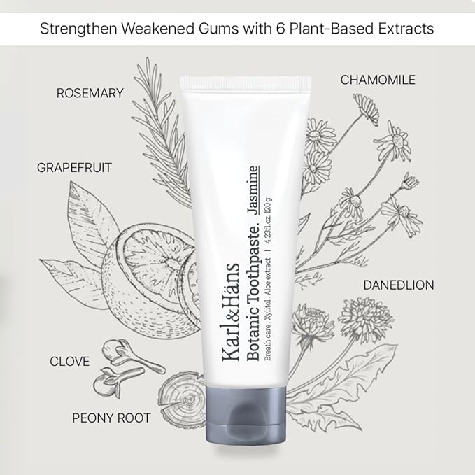 Karl&Hans Botanic Jasmine Toothpaste with Fluoride - Natural, Delicate Jasmine Mint Flavor with Rosemary and Green Tea Extracts for Fresh Breath Care and Gum Health, 4.23 oz