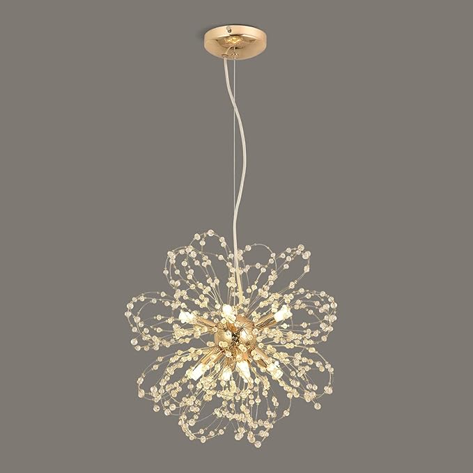 Modern Gold Chandelier Crystals, Sputnik Sunflower Beaded Hanging Lamp, Small Dandelion Pendant Light Fixtures for Kitchen Island Dining Room Bedroom Entryway (Gold 8Lights)
