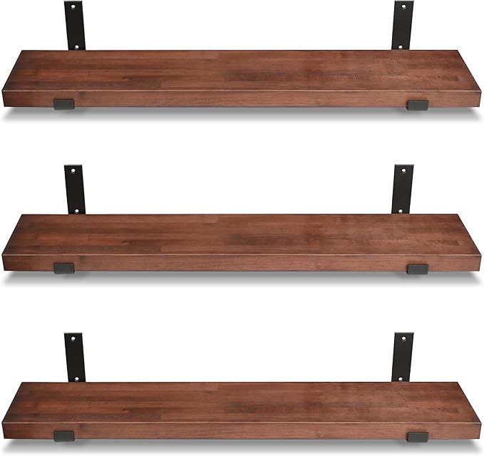 CONSDAN Floating Shelves for Wall Mounted Book Shelf Hanging Shelves Floating Bookshelf for Bedroom, Bathroom, Living Room, Kitchen USA Grown Solid Hardwood, Dark Maple 16x7.5x1.5 in (Set of 3)